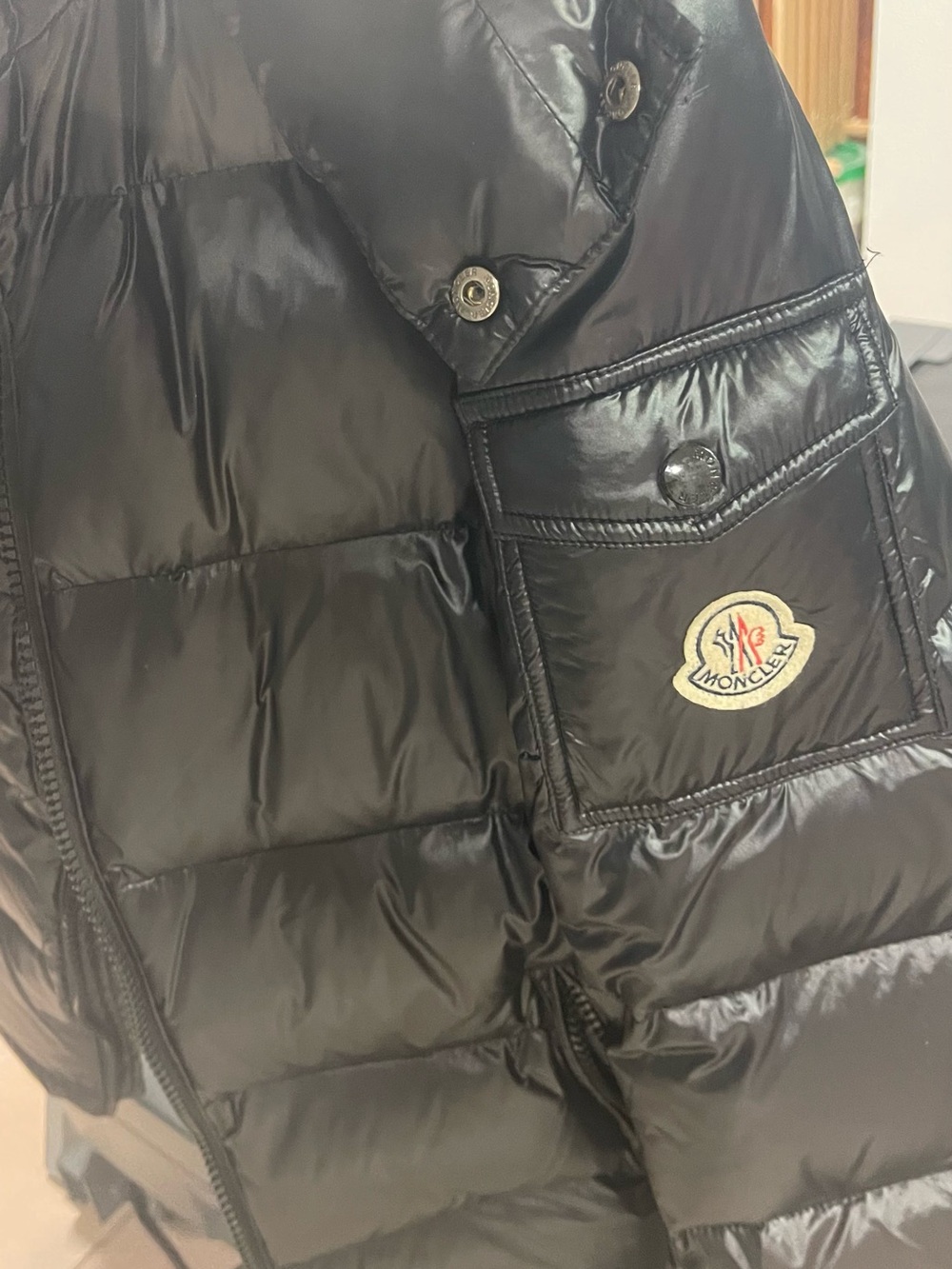 Moncler Black Jacket with Red Trim and White Logo Patch